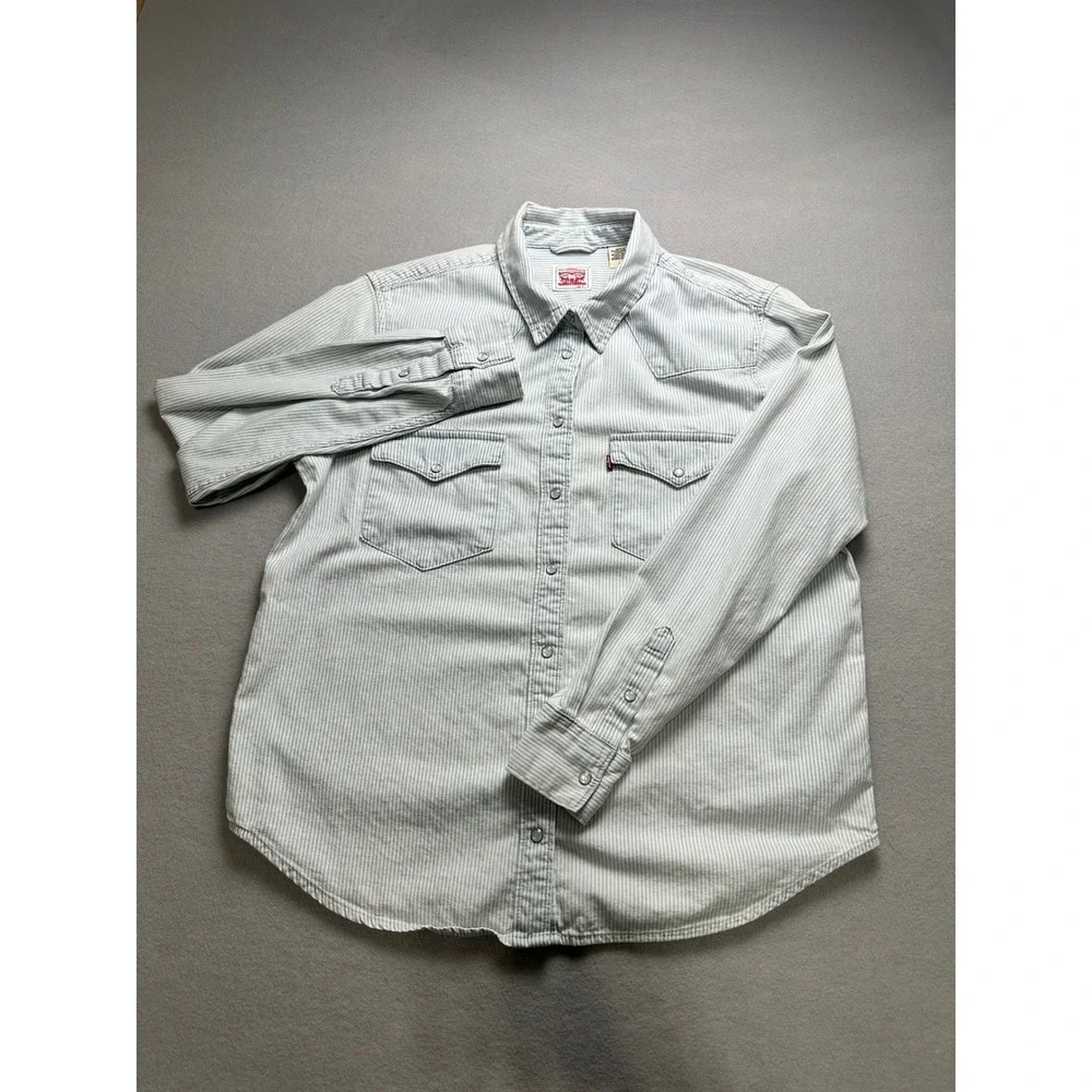 Levi Strauss Western Shirt Womens L Blue White Stripe Pearl Snap Long Sleeve